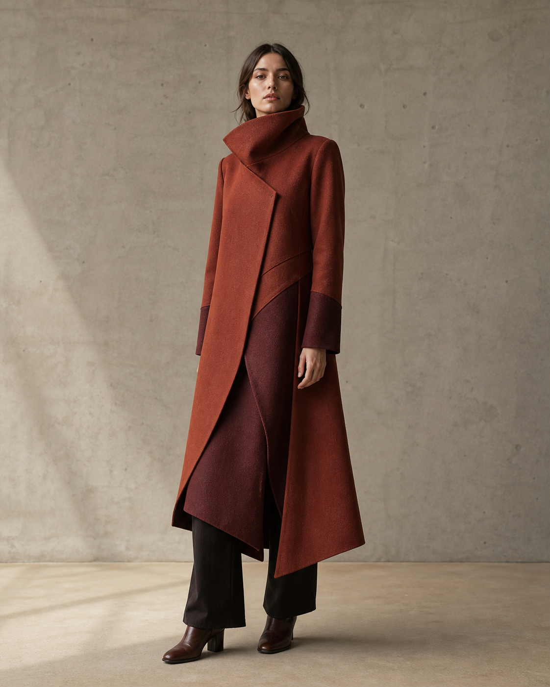 Modelo com Structure Coat longo em tons ferrugem e vinho