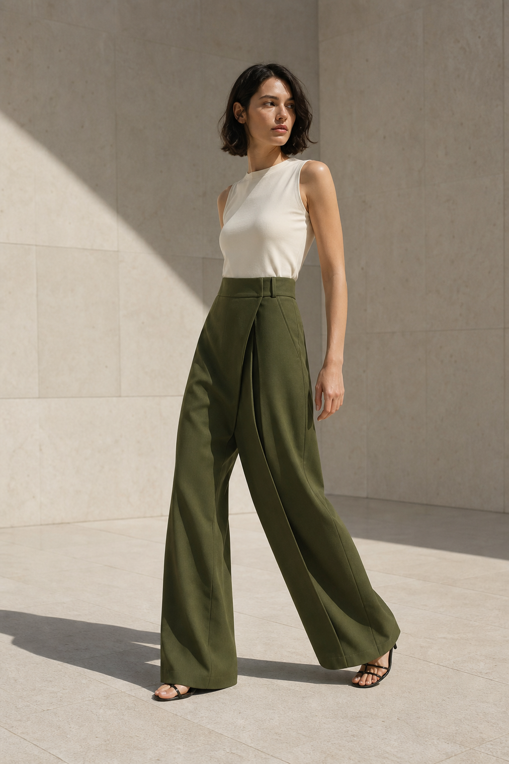 Modelo com Axis Trousers verde-musgo de cintura alta e pernas amplas